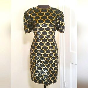 Vintage Laurence Kazar Silk Sequins Scalloped Dress Retro Prom Dress